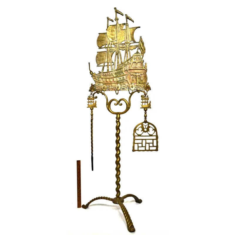 Antique Nautical Brass Fireplace Tool Set – ‘Don Fernando’ Ship-Themed Hearthware with Rack