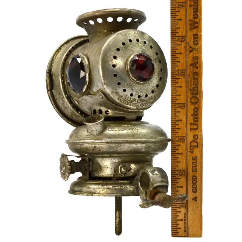 Antique Rose Mfg. Co. Kerosene Bicycle Lamp with Faceted Glass Jewels – For Parts or Repair