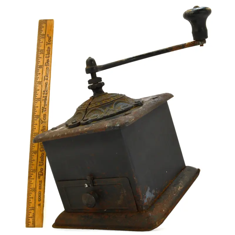 Antique Tabletop Coffee Mill – Cast Iron, Tin & Wood Construction with Age-Appropriate Patina