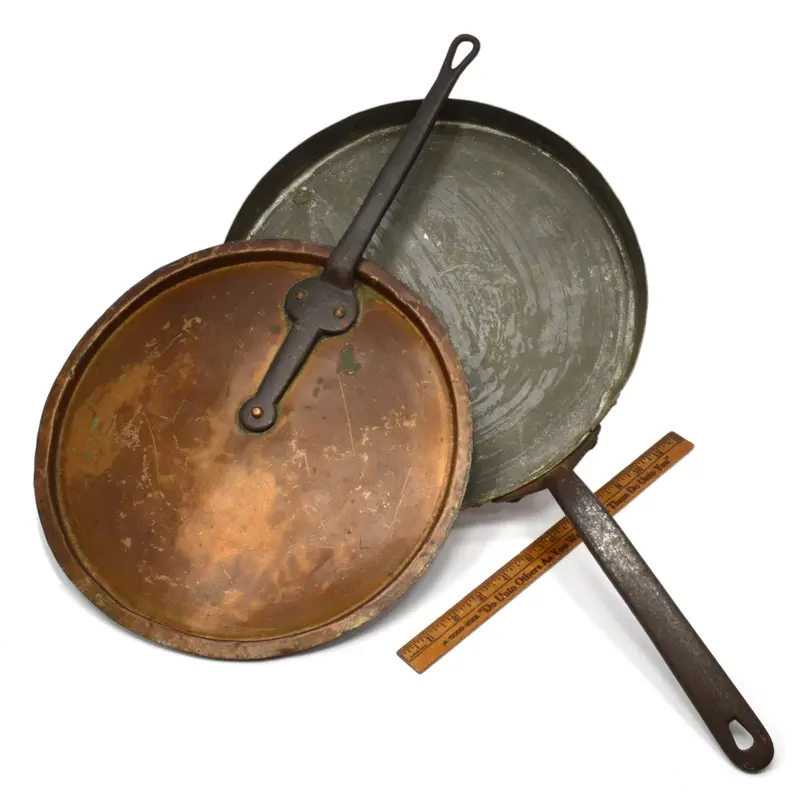 Antique Tinned Copper Frying Pan – Riveted Skillet with Patinated Mismatched Lid