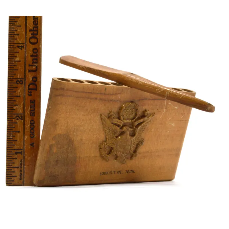 Antique USAAF Wooden Cigarette Case – Handcrafted Trench Art by WWII Air Corps Pilot