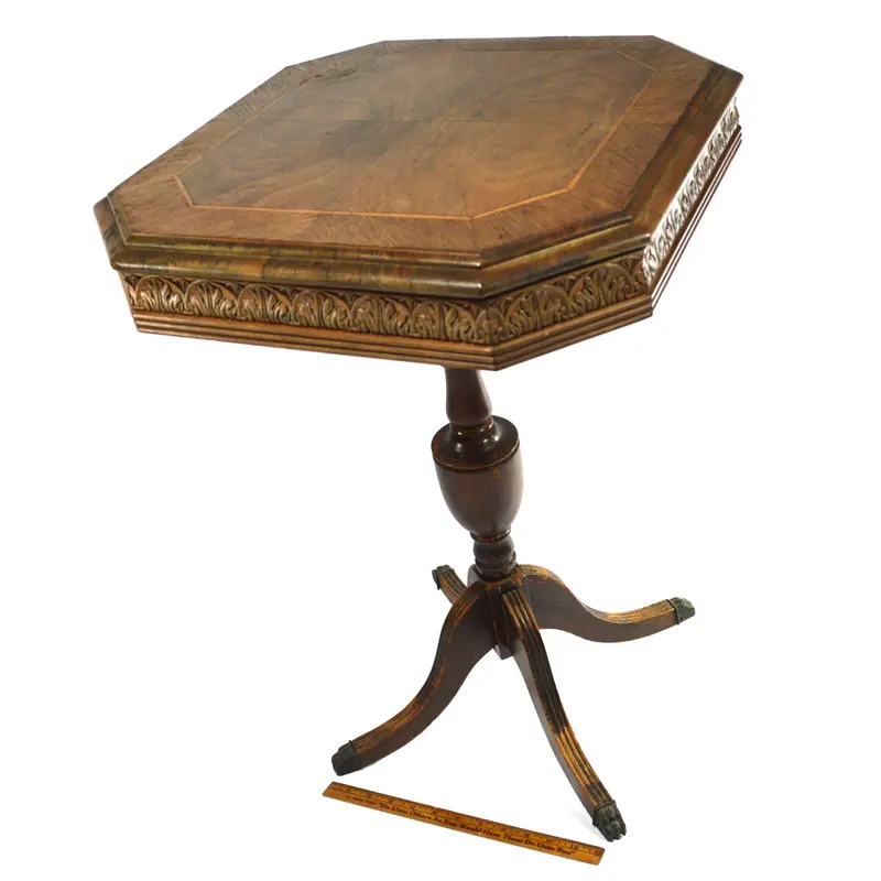 Antique Victorian Hardwood Pedestal Table – 18″ Square, Carved Claw Feet with Inlaid Detailing
