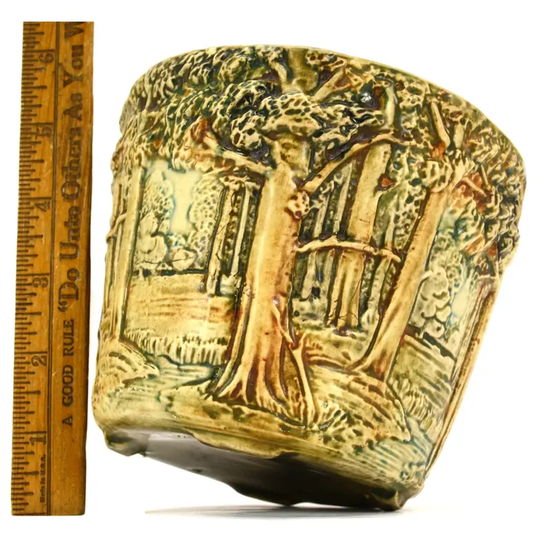 Antique Weller Pottery Forest Jardinière – 4-5/8″ Tall with Tab Feet and Initial “F” Mark