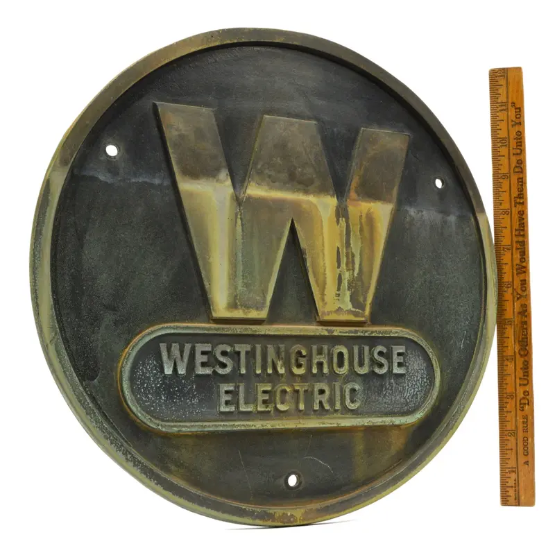 Antique Westinghouse Electric Solid Brass Bronze Wall Plaque — 12″ Diameter ‘W’ Logo, Rare Vintage Sign