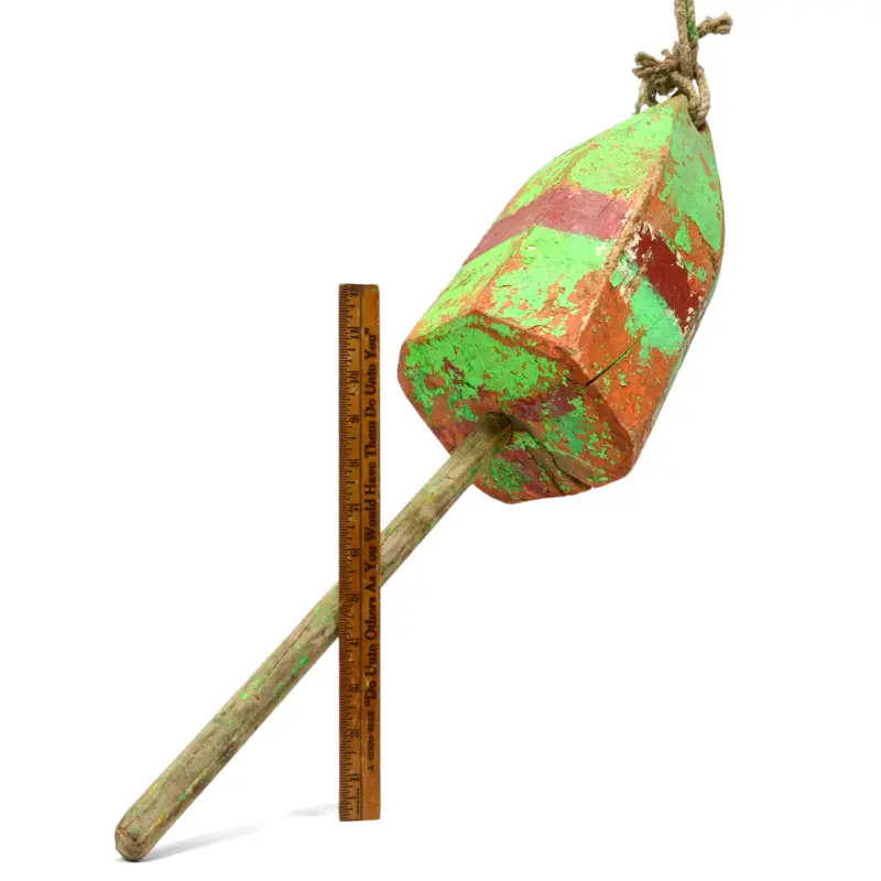 Antique Wooden Lobster Pot Buoy – Weathered Green, Orange & Red Paint Finish, Nautical Fishing Artifact