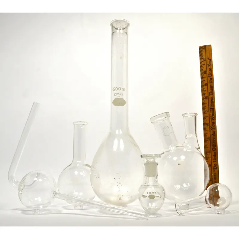 Assorted Lab Glassware Lot — 6 Pyrex & Kimax Round-Bottom Flasks Including Pear, 2-Neck, and Florence Styles