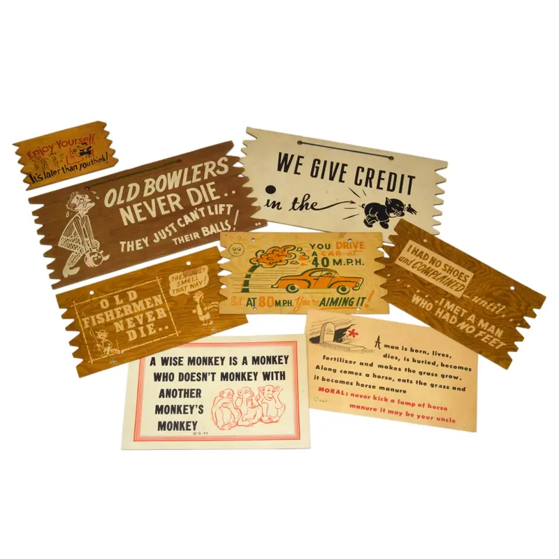 Assortment of Oversized Vintage Postcards & Comic Kards – 8-Item Lot Including Wood and Cardboard Styles