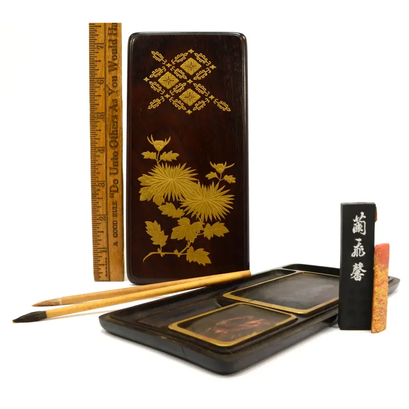Authentic Japanese Suzuribako Writing Box with Original Contents, Gold Lacquer on Wood