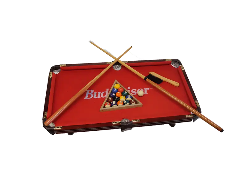 Budweiser Miniature Pool Table Set – Vintage Promotional Kit with Cues, Balls, Rack & Legs