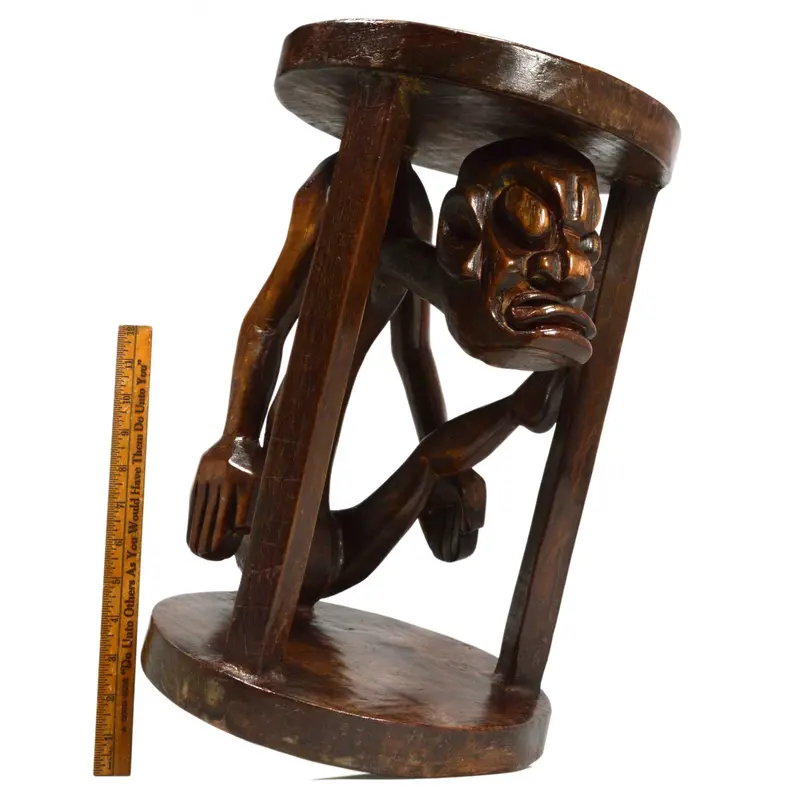 Carved Hardwood Tribal Plant Stand or Accent Table – 16-Inch Monster-Style Sculptural Base