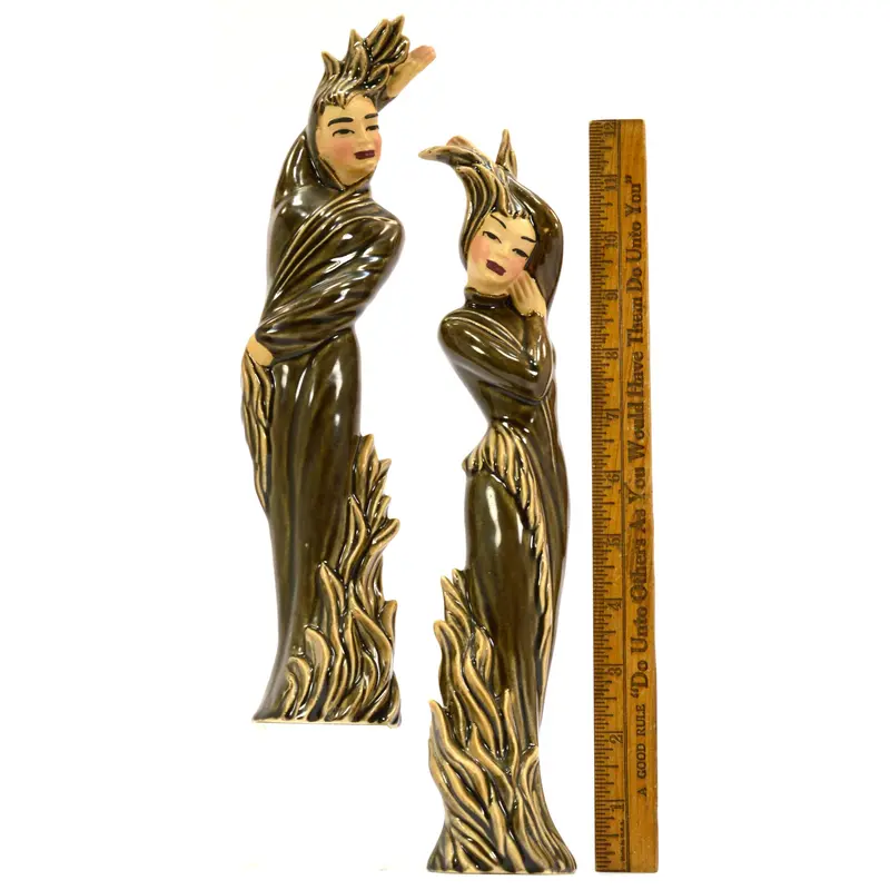 Ceramic Arts Studio Pair of Figurines – “Fire” Theme, 11.5″ Man and Woman in Brown Glaze