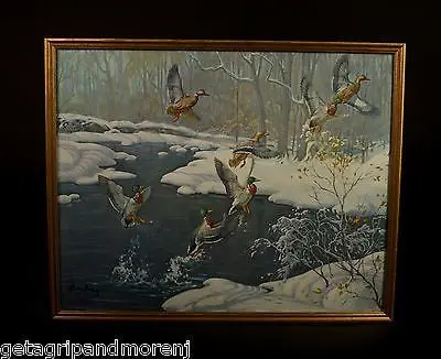 Darling Mallard Duck Lithograph – 1940s Marsh Scene in Snow, 17.5″ x 21″, Collectible Print