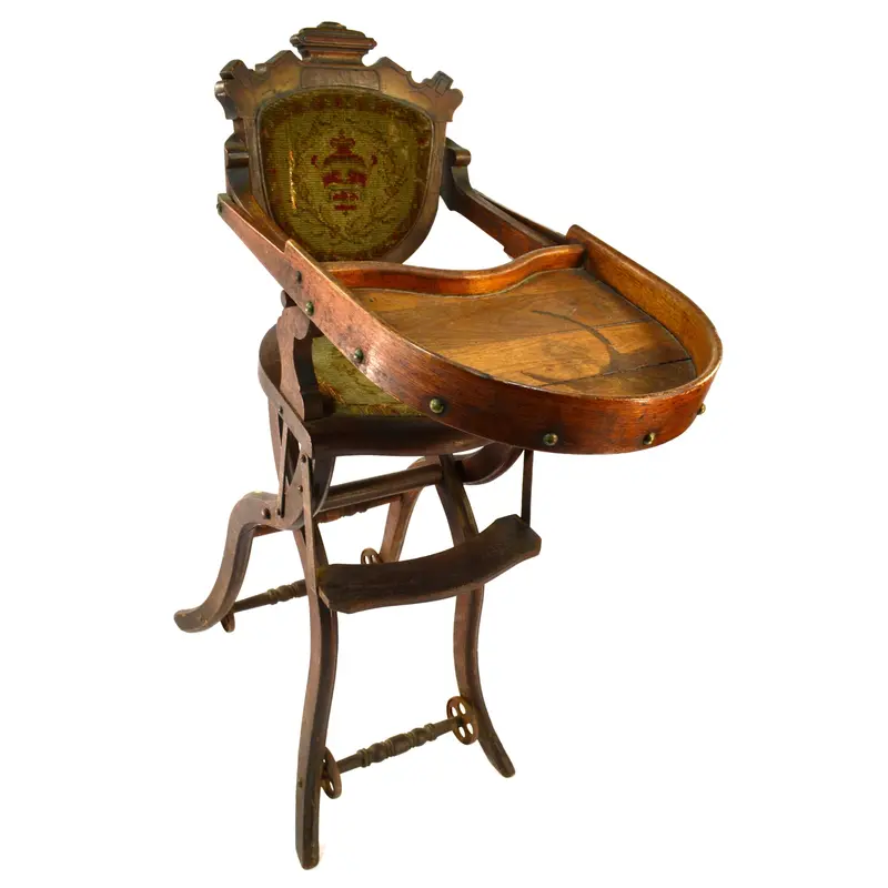 Eastlake-Style Antique Embroidered Wood Baby High Chair – Folding, Convertible 19th-Century Design