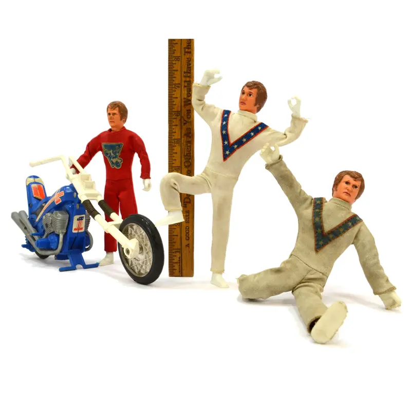 Evel Knievel Action Figure Trio — Classic 1972 Set with Blue Chopper and Display Parts