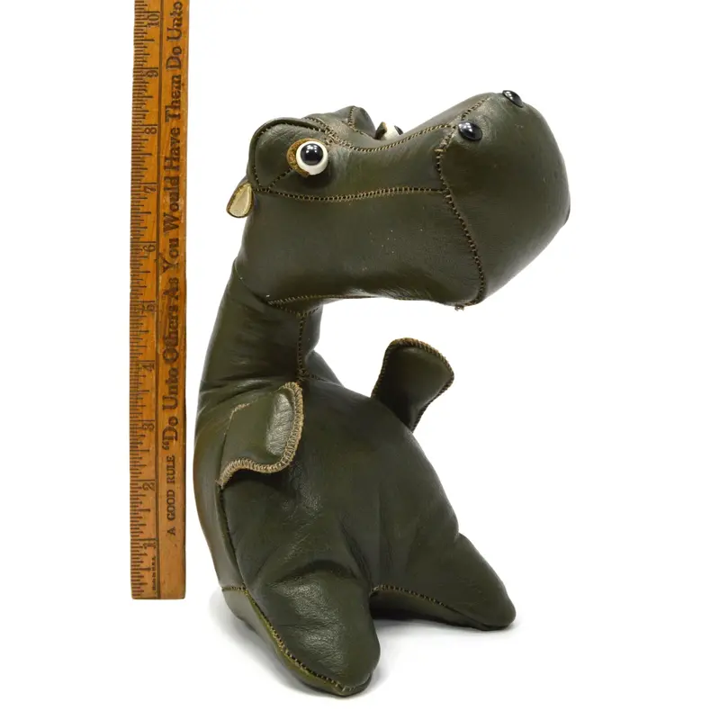 Folk-Art Hippo-Dog Hybrid – Stuffed Leather Sculpture with Wooden and Glass Eyes