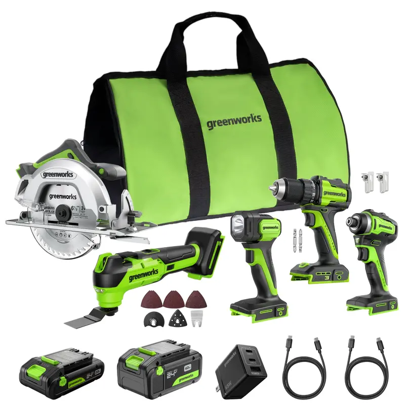Greenworks 24V Brushless 5-Piece Tool Combo Kit with 4.0Ah + 2.0Ah USB-C Batteries & 65W Charger