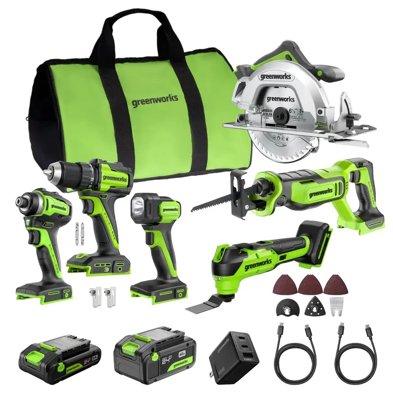 Greenworks 24V Brushless 6-Tool Cordless Combo Kit with Dual USB-C Batteries and 65W Fast Charger
