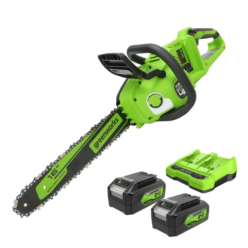 Greenworks 48V (Dual 24V) 16-Inch Cordless Chainsaw with Two 4.0Ah USB-C Batteries and Dual-Port Charger