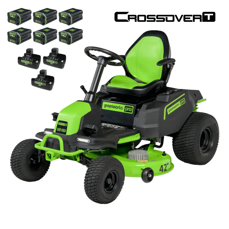 Greenworks 80V 42-Inch Crossover T Tractor-Style Riding Lawn Mower with Six 5.0Ah Batteries and Three Dual-Port Chargers