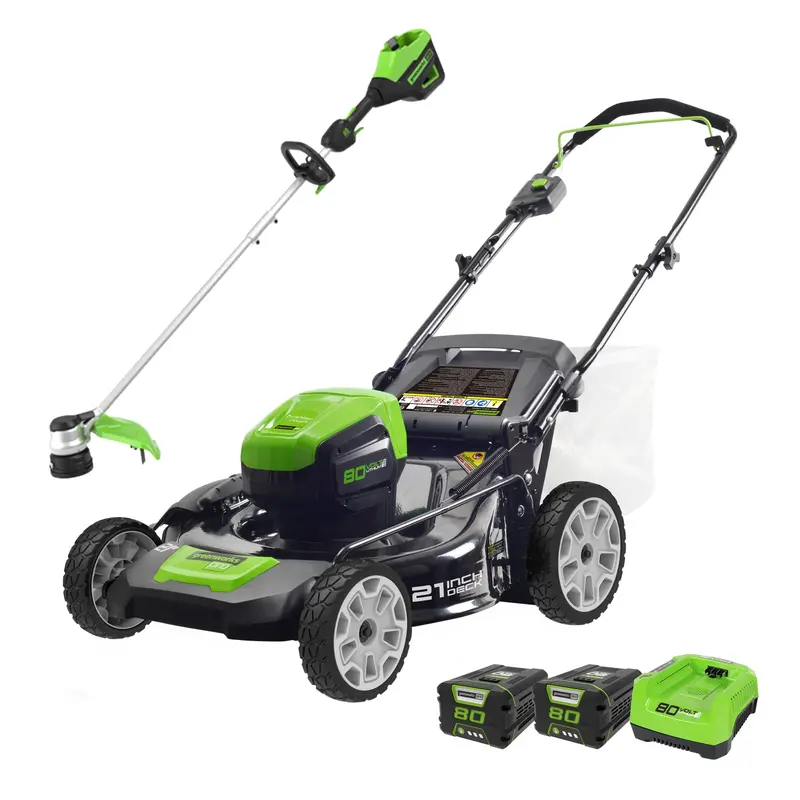 Greenworks 80V Dual-Tool Combo: 21-Inch Brushless Mower + 16-Inch String Trimmer with Two 2.0Ah Batteries and Charger