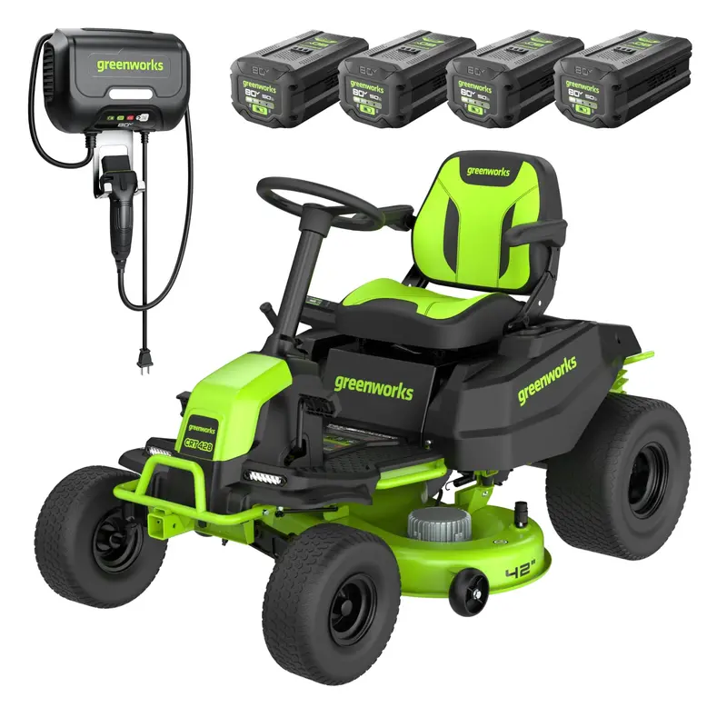 Greenworks Pro 80V 42-Inch Electric Lawn Tractor — Riding Mower with Four 5.0Ah Batteries & 600W Charger