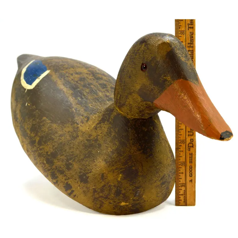 Hand-Carved Wooden Duck Decoy — Folk Art Style with Glass Eyes, Unsigned, Painted Finish