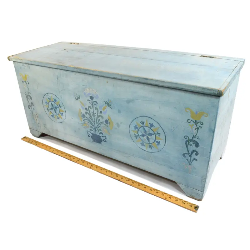Hand-Painted Folk Art Blanket Chest in Baby Blue with Floral Design – Vintage Antique Trunk