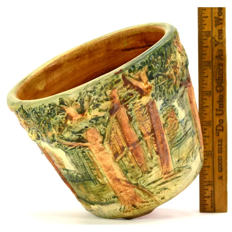 Hand-Signed Weller Forest Jardinière – 4-5/8″ Ceramic Planter with Roman Numeral XII Mark
