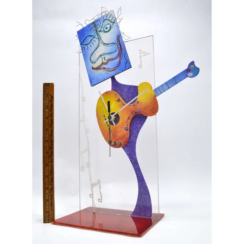Handcrafted 3D Mixed-Media Guitar Clock Dude Sculpture — Painted and Textured Artwork
