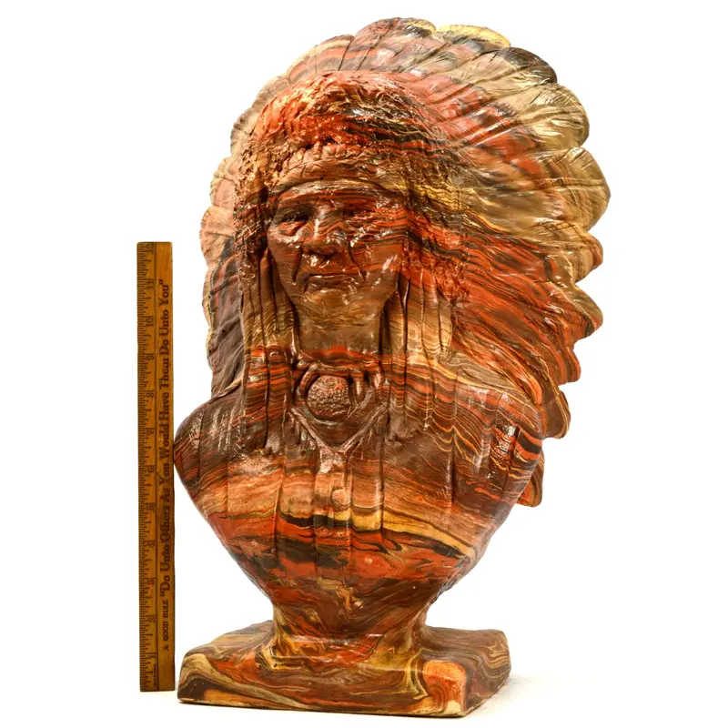 Heavy Vintage Indian Chief Bust-Head Statue in Swirled Mission Clay and Resin, Weighing 36 Pounds