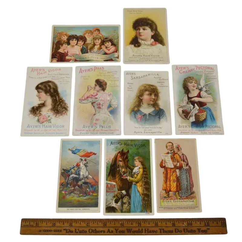 Historic Medicine Trade Card Set — Nine Ayer’s Cures Cards Promoting Hair Vigor and Sarsaparilla