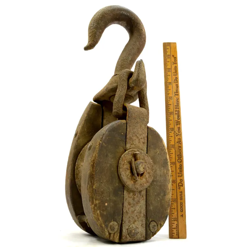 Historic Wooden Snatch Block with Iron Fittings — 4-Inch Single-Sheave Farm or Decorative Piece