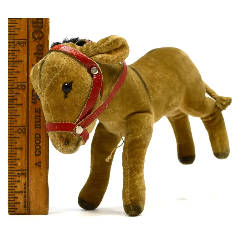 Hodgman Steiff-Style Donkey Figurine – 4-Inch Red-Halter Brown Velvet Plush, Circa 1950s