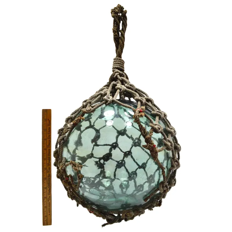 Japanese Glass Fishing Float – Teal-Aqua Vintage Float with Embossed Signature and Original Net