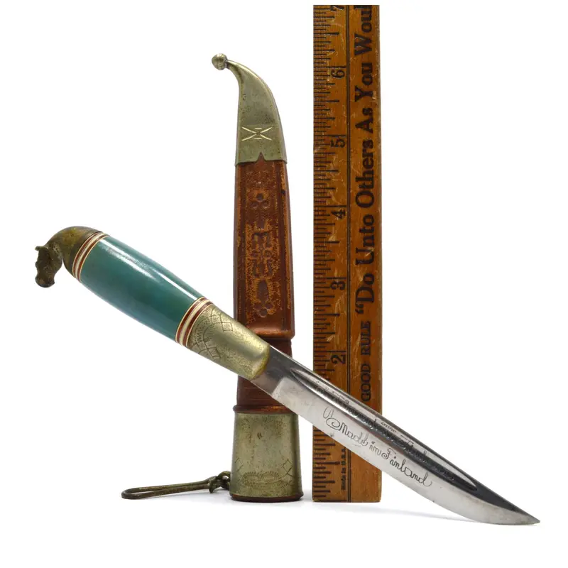Jarvenpaa Finland Fixed-Blade Knife – Ornate Horse-Head Pommel with Scabbard, Vintage Finnish Craft