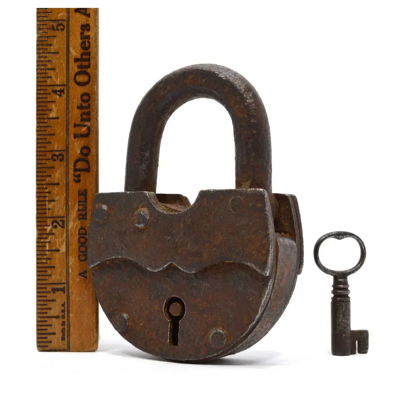 Large Antique Iron Padlock (4.25″) – Unmarked, Possibly ’41 PACK’ Engraving, Decorative Use