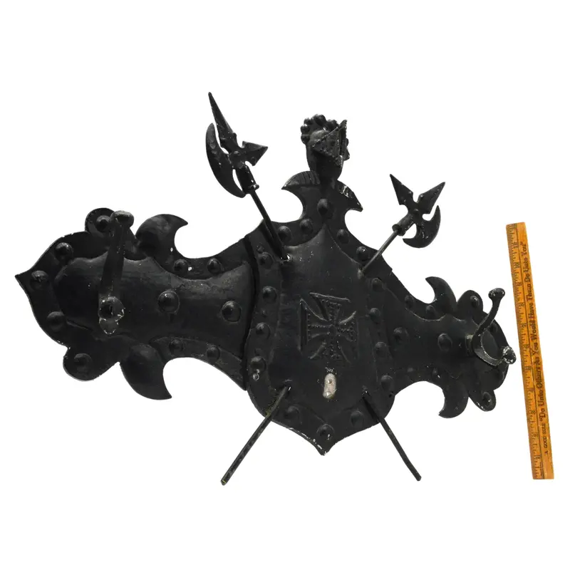 Mid-Century Aluminum Coat-of-Arms Plaque – Wall-Mounted Hanger with Two Hooks and Battle Axes