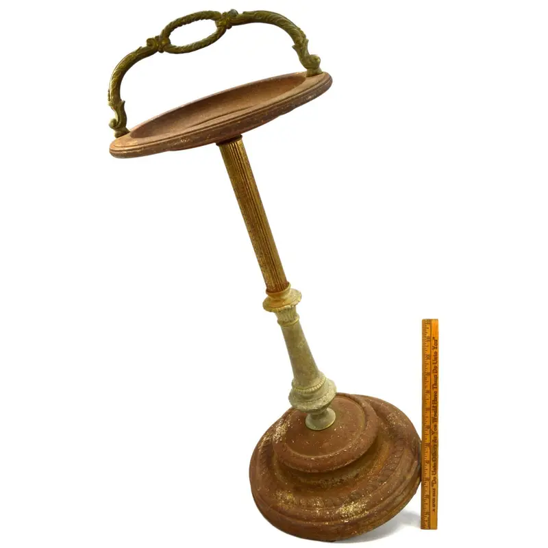 Mid-Century Pedestal Ashtray – Brass-and-Steel Smoking Stand with Patinated Finish