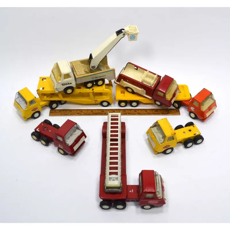 Mini Tonka Vehicle Collection – Seven-Piece Set Featuring Bell System Transporter & Fire Truck