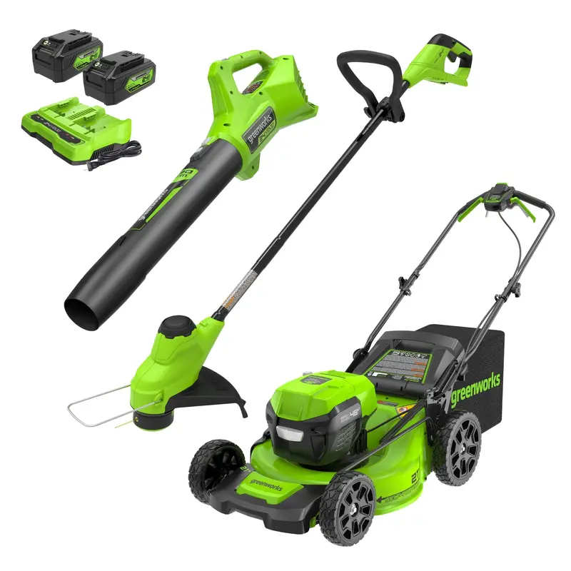Open-Box 48V 21″ Self-Propelled Mower + 12″ String Trimmer + 320 CFM Blower – 3-Tool Combo with Two 5.0Ah Batteries & Chargers