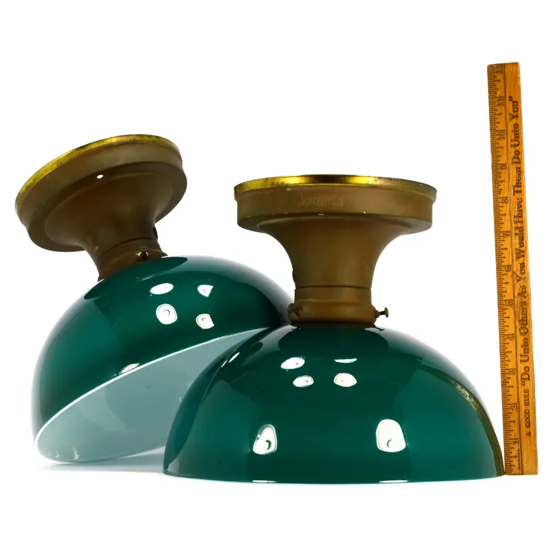 Pair of Antique Williamson Light Fixtures with Emerald Green Cased-Glass Lamp Shades