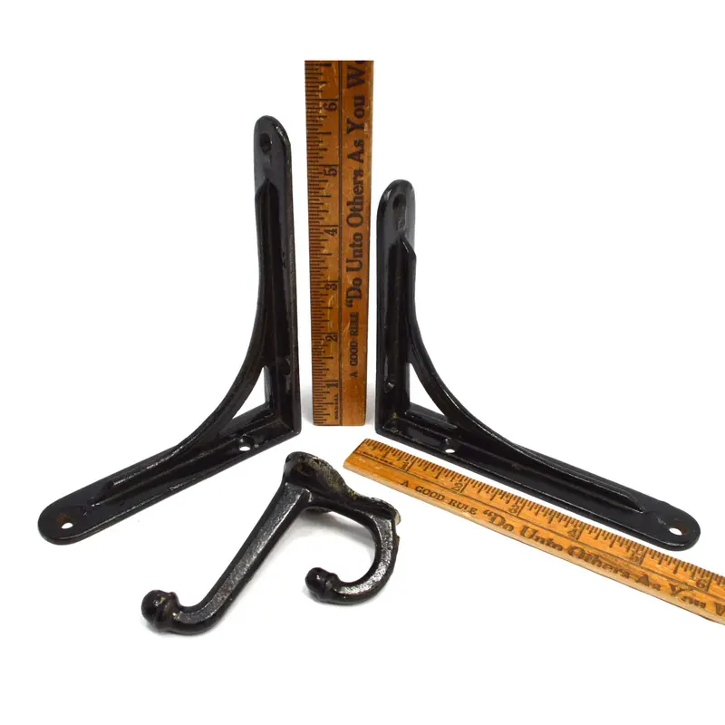 Pair of Matching Antique Cast Iron Shelf Brackets – Ornate Corner Supports with Integrated Wall Hooks