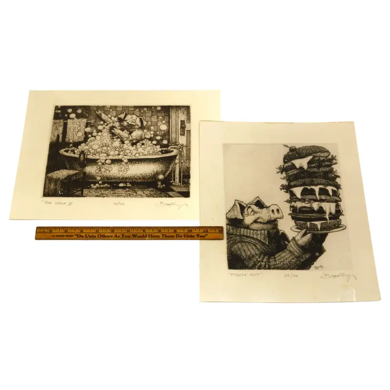 Pair of Signed Dale Bradley Etchings – Pig-Themed Artwork: ‘Hog Wash II’ and ‘Pigin’ Out’