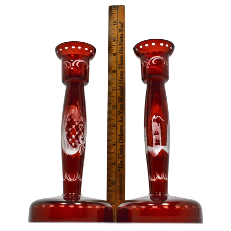 Pair of Vintage Ruby Red Crystal Candlesticks – 8.75″, Stag & Castle Motif
