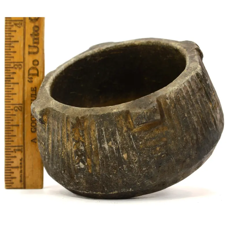 Pre-Columbian Steatite Bowl — Black Carved Soapstone Vessel with Ribbed or Nubbed Surface