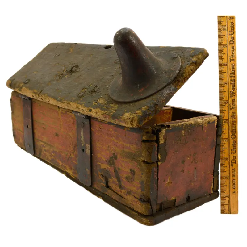 Primitive Homemade Oil Can Tool Box – Iron Nipple-Top Design with Aged Red Paint