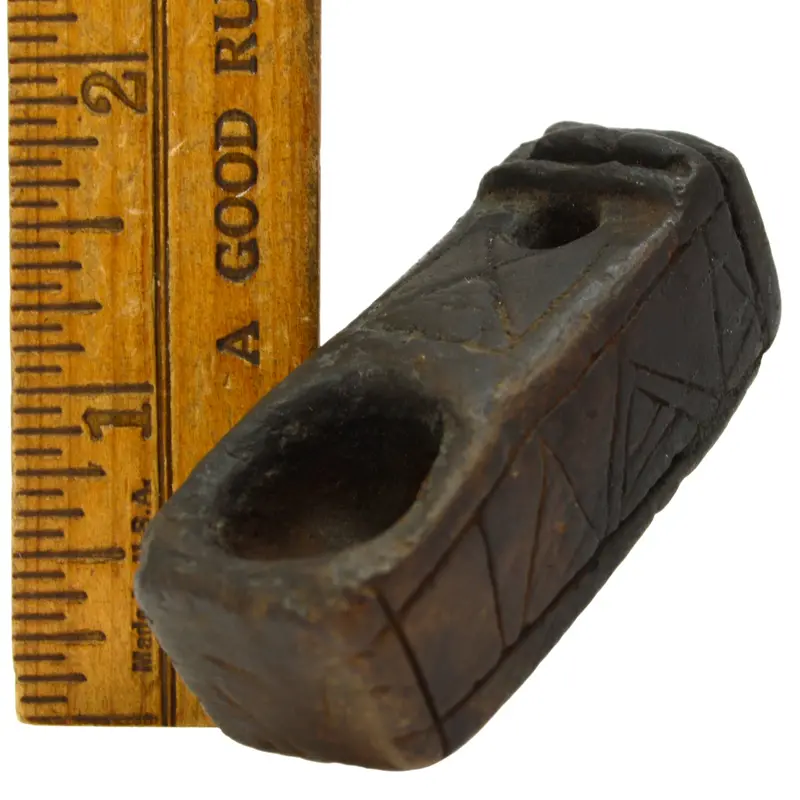 Primitive Stone Smoking Pipe Effigy – Steatite Carving with Incised Symbols and Tribal Motifs