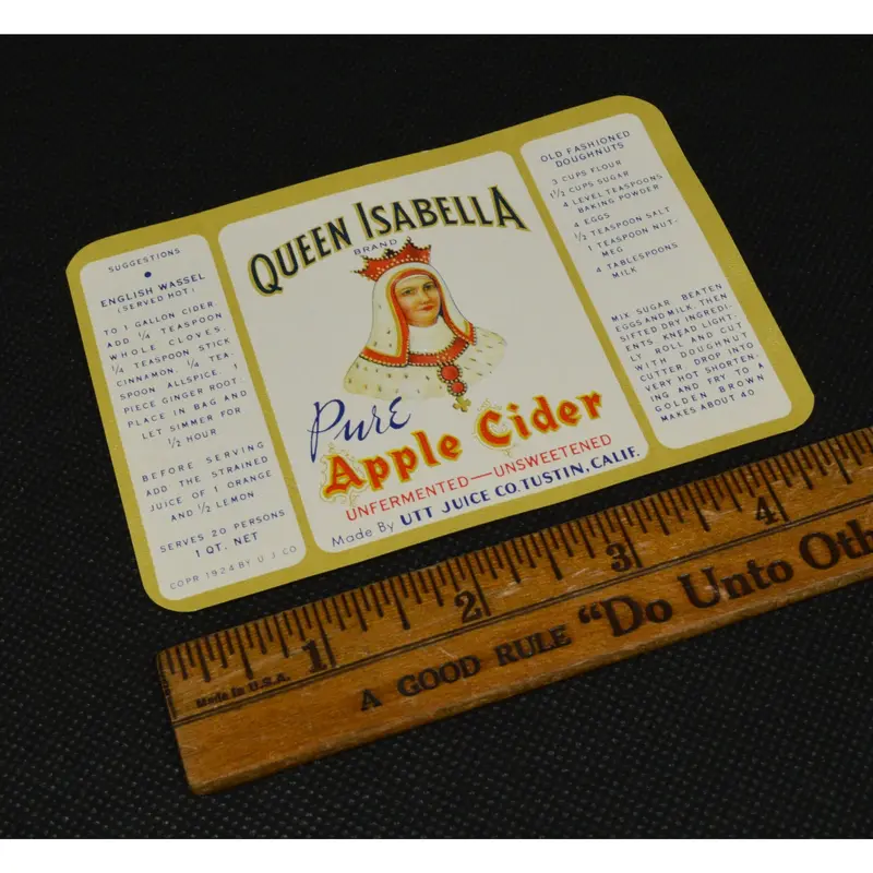 Queen Isabella Pure Apple Cider Paper Label – Utt Juice Co., Tustin, CA, Early 20th-Century Artifact