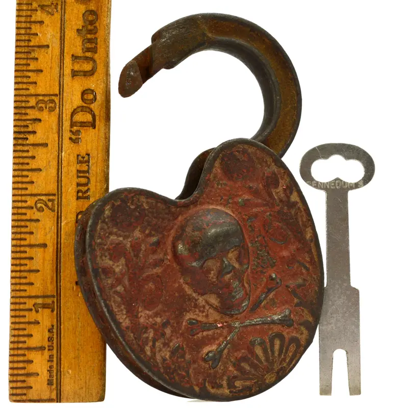 Rare Antique Story Skull-and-Crossbones Figural Padlock with Key – Poison/Pirate Theme