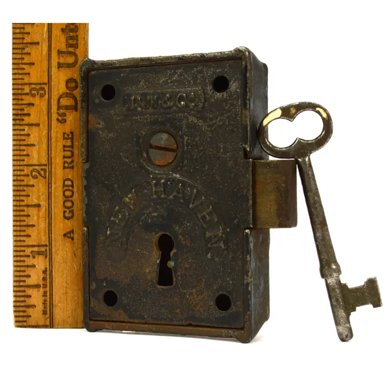 Rare Davenport Mallory Rim Lock with Key, Marked ‘D.M. & Co., New Haven’ (c.1861–1867)